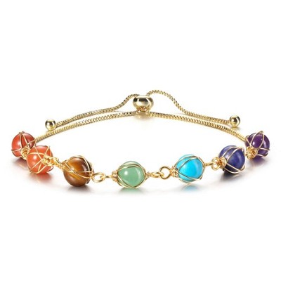 7 Chakra Steine Armbänder für Damen verstellbar 14K Gold Draht umwickelt 8mm natur