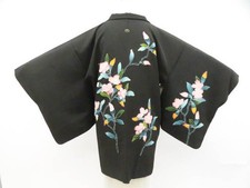 JAPANESE KIMONO BLACK HAORI COAT BLACK 80cm 2 ft 7 in PURE SILK AA7970