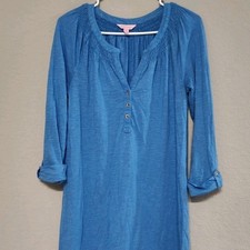 Lilly Pulitzer T-Shirt Dress Womens Small Blue Smocked V-Neck 3/4 Sleeve Cotton