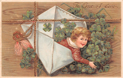 Vintage Valentine Postcard TO ONE I LOVE Pretty Young Girl Shamrocks Good Luck
