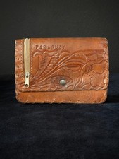 Vintage 1970s brown tooled leather wallet floral billfold 7" clutch purse pouch