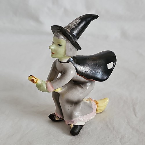 Vtg 1960s-70s Ceramic Green Witch Flying Broom Figurine Japan MCM Halloween 2710