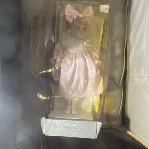 Timeless Treasures Porcelain Doll Blonde Curly Hair Pink Dress Original Box
