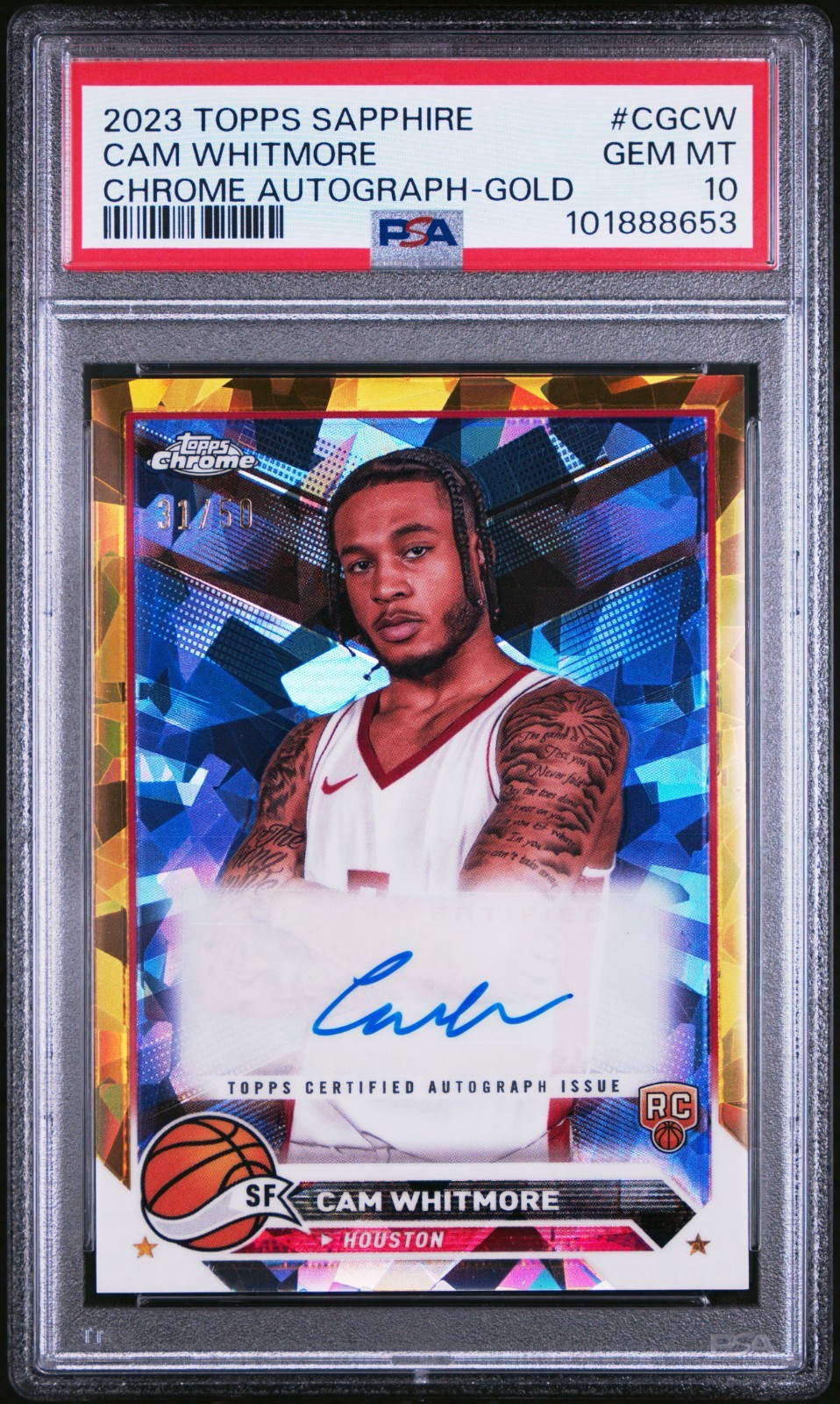 2023 Topps Chrome Cam Whitmore Gold Sapphire Auto Rookie Card /50 PSA 10 🔥