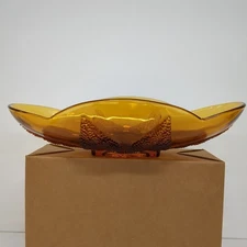 Vintage Amber Glass MCM trinket dish with Textured Pattern Oval Leaf 