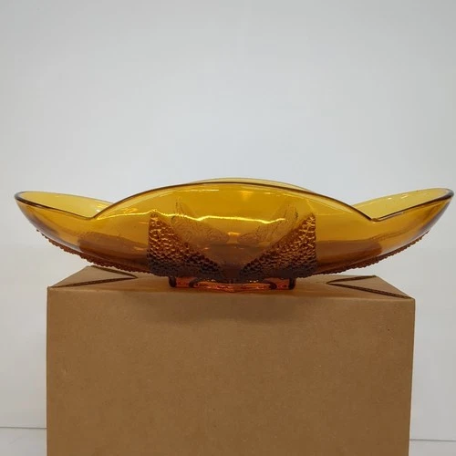 Vintage Amber Glass MCM trinket dish with Textured Pattern Oval Leaf