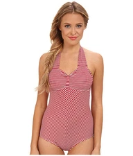 UNIQUE VINTAGE DINAH ONE PIECE HALTER SWIMSUIT RED WHITE STRIPE SMALL NEW $78