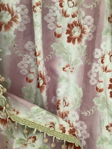 Faded Floral Antique French Cotton Curtain Panel W/ Trim Distressed - Picture 5 of 17