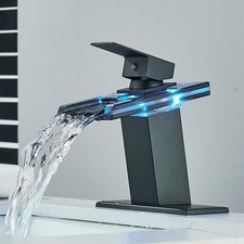 Matte Black LED Bathroom Sink Vanity Faucet Waterfall Spout 1Handle with Cover