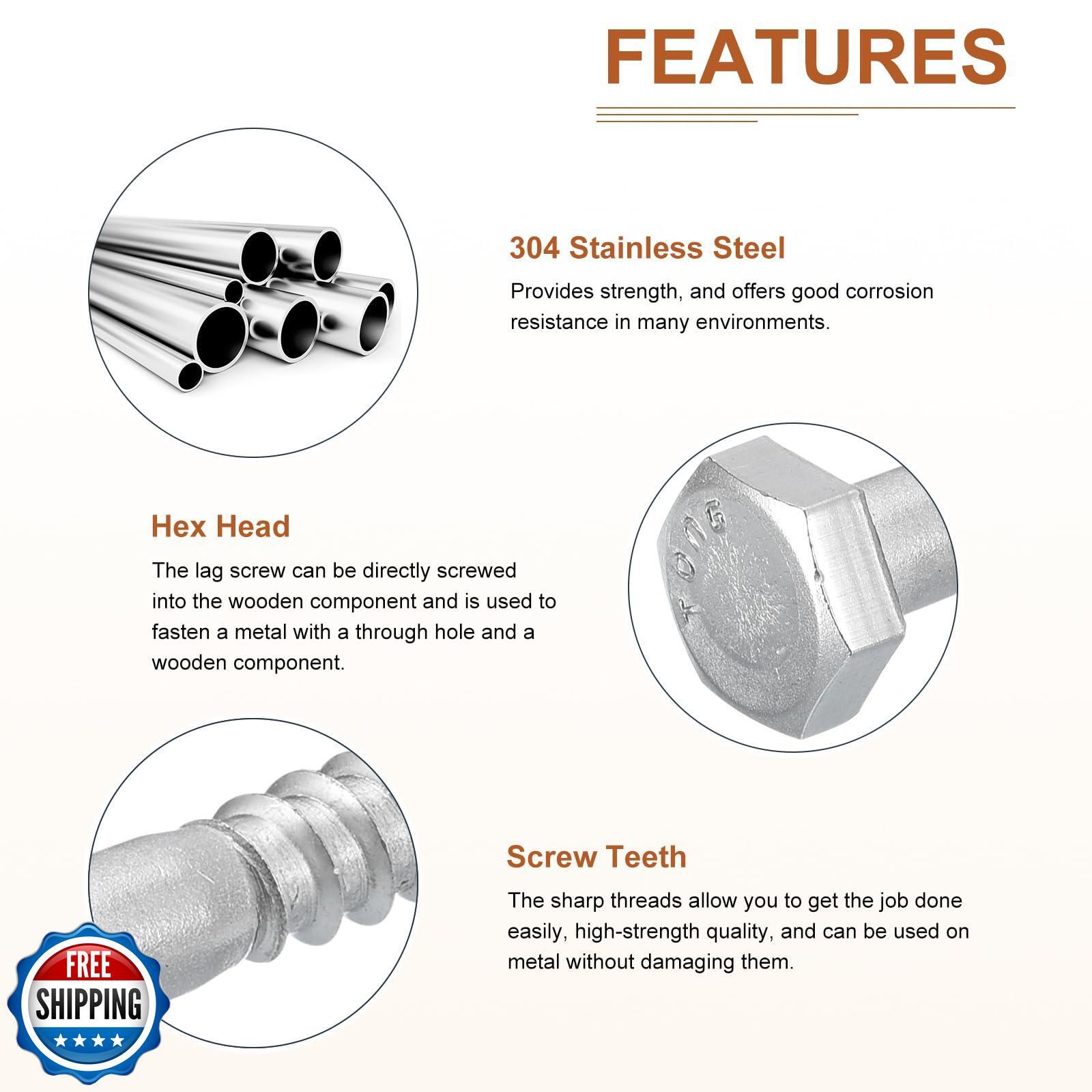 DTGN 1/4" x 3" Hex Lag Bolts - 10 Pack - for Woodworking, Furniture - 304 Sta