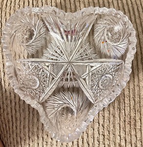 Cut Glass Heart Shaped Dish  Heavy Vintage  6"  x 5 1/2"