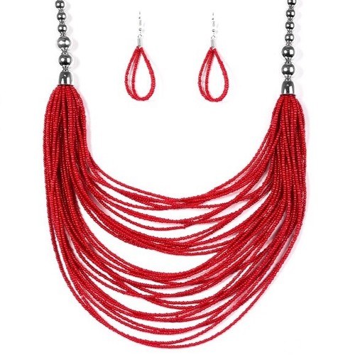 Red Seed Bead Layered Necklace 