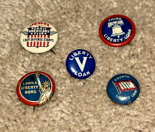 5 WWI LIBERTY LOAN / DEFENSE STAMPS / LIBERTY BONDS Buttons / Pins - Picture 1 of 11