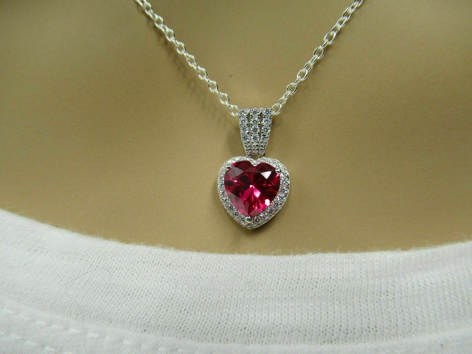 14K White Gold Over 2 Ct Heart Cut Red Ruby Simulated Diamond Halo Pendant Chain - Image 3 of 4