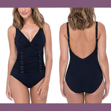 NEW 128 Profile by Gottex 8 Moto V-Neck Shirred One Piece Swimsuit K711