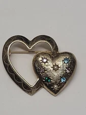 Emmons Gold Tone Mothers Double Heart Brooch Birthday Rhinestones Vintage 1970's
