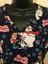 Ladies Christmas Scrubs Top Extra Small Black Frosty Snowman Bunny Snow Used