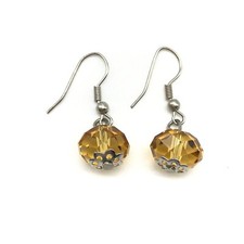 Orange Crystal Faceted Round Glass Bead Silver Tone Dangle Earrings