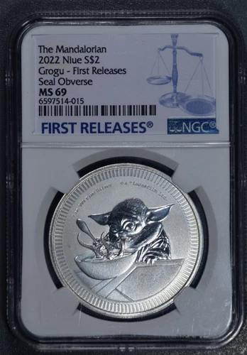 2022 $2 NIUE STAR WARS MANDALORIAN Grogu Seal Obv FR 1 oz .999 NGC MS 69 A4536