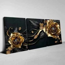 3pcs Classical Golden And Black Flowers Painting  Wall Art Canvas Framed 50x70cm