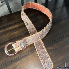 Vintage Western Brown Leather Belt Hand Tooled Braided Accents Wooden Buckle