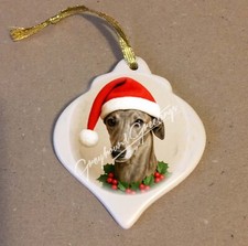 Greyhound Santa with Holly Collar Shaped Porcelain Ornament