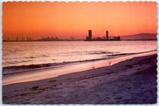 Postcard - Sunset View of Oil Islands & the Queen Mary, Long Beach, California