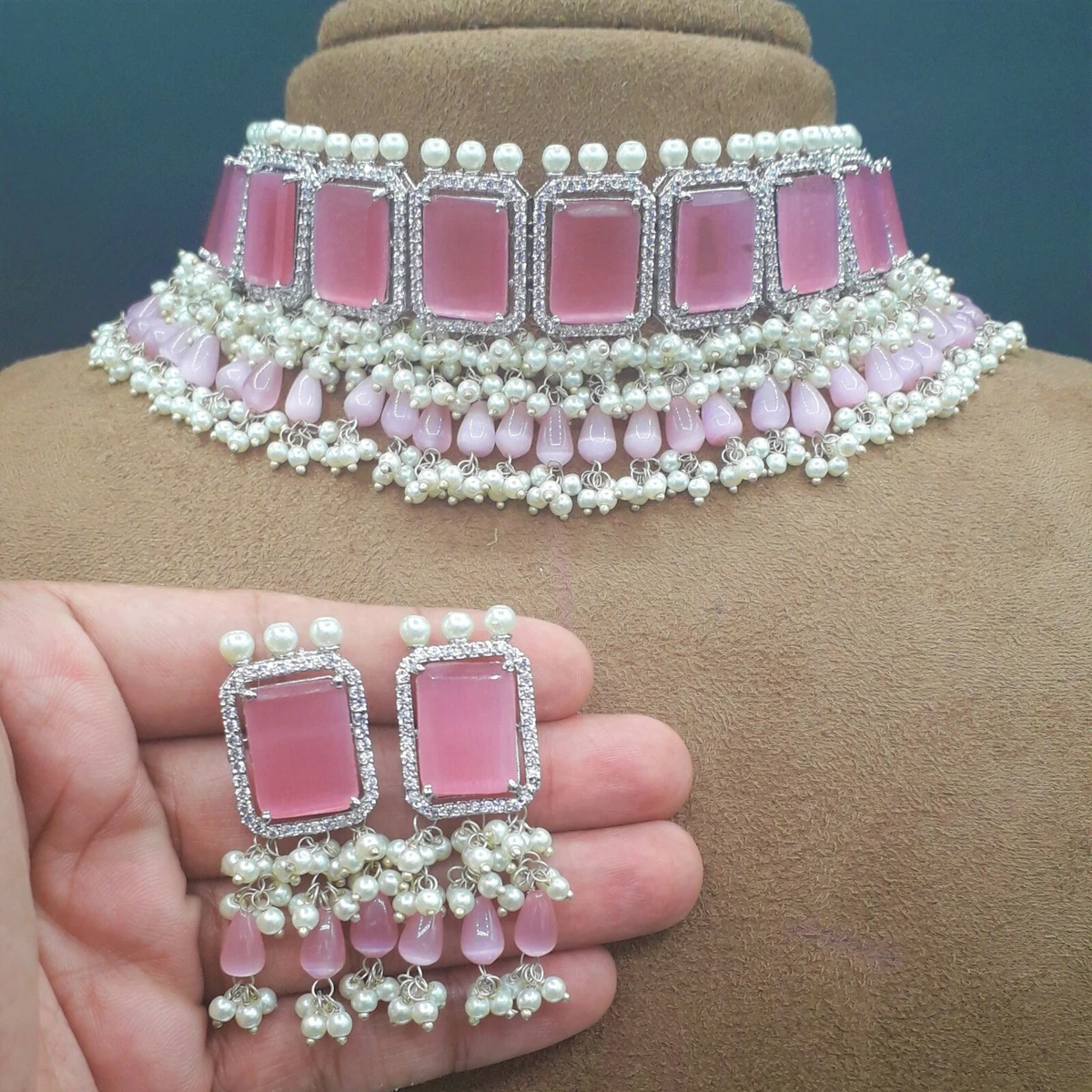 CZ Bollywood Style Indian Kundan Pink Choker Necklace Indian