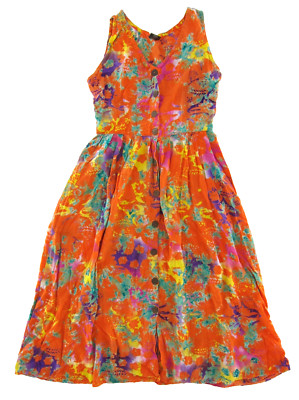 VTG The Monkey's Designs Rayon Orange Pink Button Down Tie Dye Tank Sun Dress S