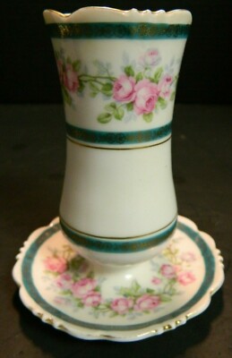 Vintage Austrian Porcelain Hat Pin Holder w/ Tea Roses & Ring Tray Gold Trim Exc