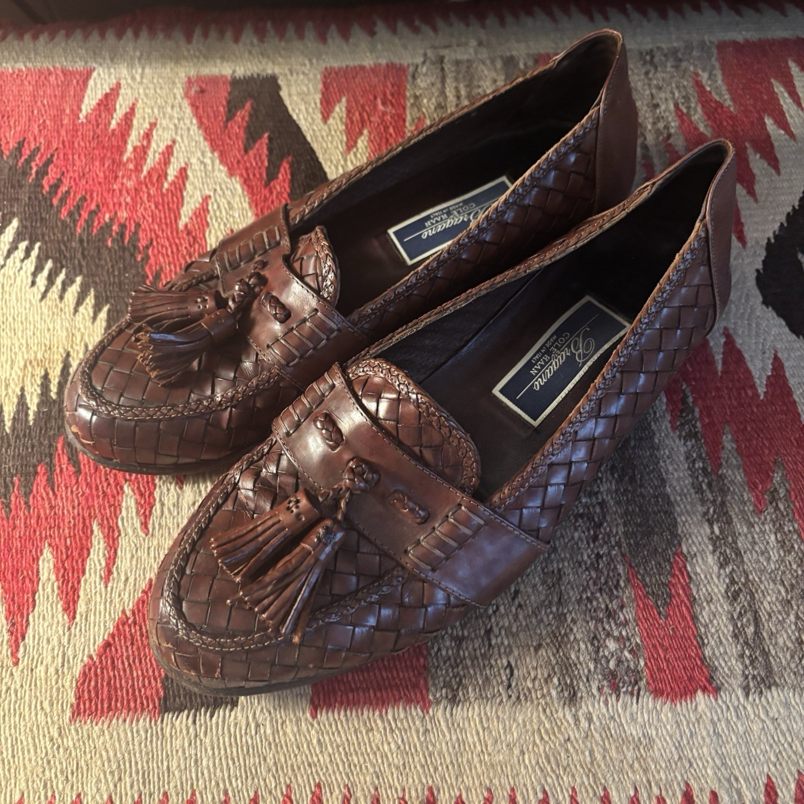 COLE HAAN Shoes Mens 9 M Brown Woven Leather Bragano Tassel Loafers Italy