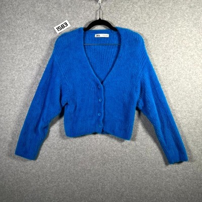 Zara Cardigan Sweater Womens Small Blue Fuzzy Knit Cropped V Neck Soft Winter