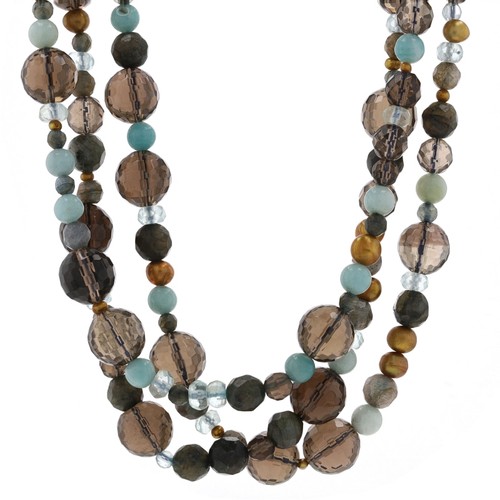Yellow Gold Labradorite Quartz Pearl Triple Strand Bead Necklace 14k Adjustable - Picture 2 of 7