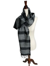 100 Cashmere Scarf Black White Plaid Made in England Fringe Soft Vintage