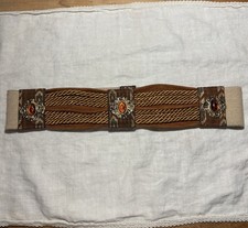 Vintage 70s Boho Western Leather Rope Trim Stretch Belt Amber Cabochon Concho