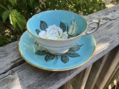 Paragon Double Warrant White Cabbage Rose on Aqua Blue Tea Cup & Saucer , Read!
