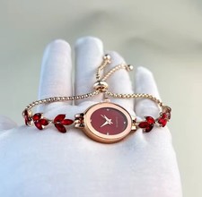 Red Dial Women’s Quartz Watch Leaf Bracelet Fashion Dress Watch Gift HANDMADE