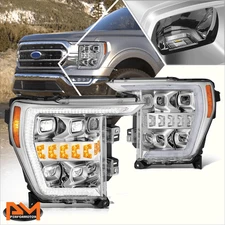 For 21-23 Ford F-150 Switchback LED DRL Dual Projector Headlights Chrome/Clear