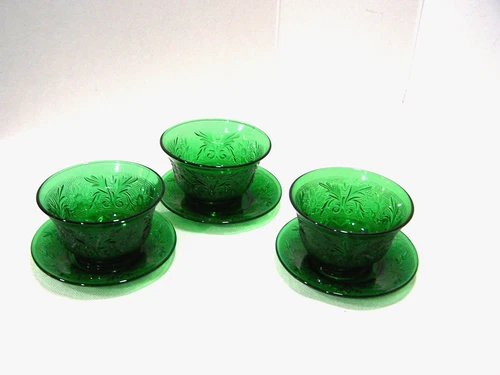 Vtg Anchor Hocking Forest Green Sandwich Glass Custard Bowl w/Liner Set of 3