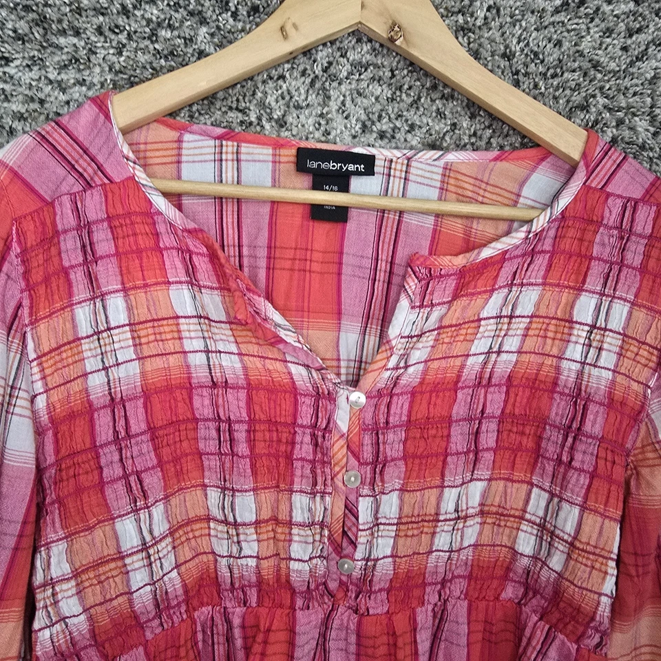 Lane Bryant Top Womens Plus 14/16 Pink Plaid Smocked Blouse Casual Ladies Cotton - Image 4 of 4