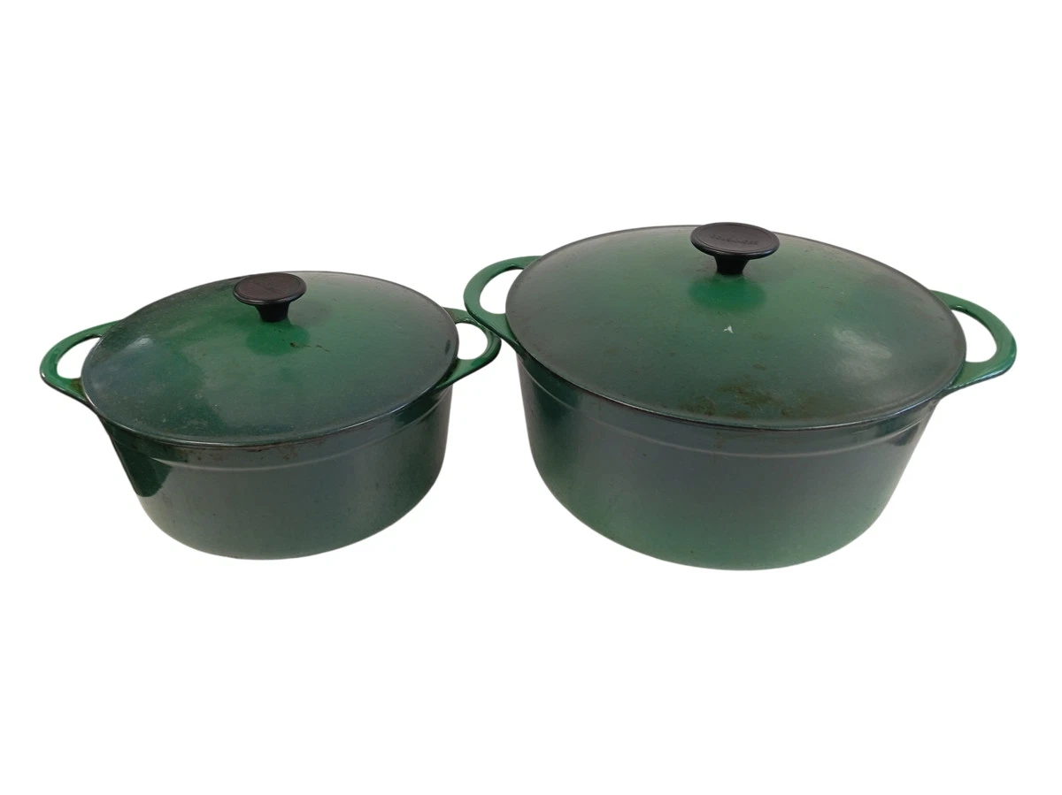 Vintage Cousances Cast Iron Casserole Pots Green Set of 2 22 cm and 28 cm France