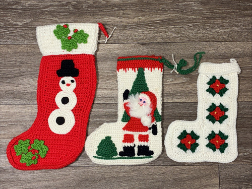 Vintage Christmas Stockings Crochet Handmade Santa Snowman Granny Square Family