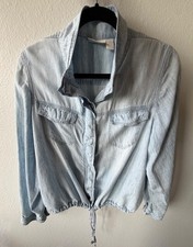 Chico's Women's Jacket Light Blue Chambray Linen Blend Drawstring Coastal Sz 2 L