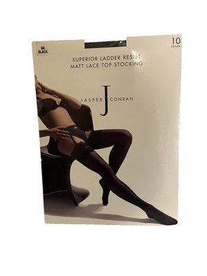 NIP Jasper Conran Black 10D Superior Ladder Resist Matt Lace Top Stockings M