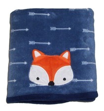 Parents Choice Navy Blue Fox Applique Baby Blanket Arrows Smooth Face 30x40"