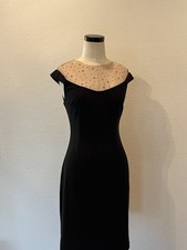 Betsy & Adam Women's Cocktail Little Black Dress Nude Mesh Stones Midi Sheath 6