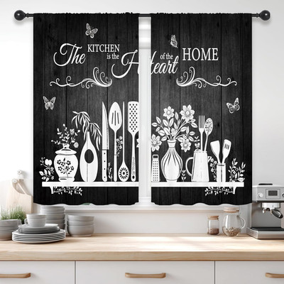 White Black Rustic Kitchen Curtains Short Small Retro Wooden Plank Board Kitchen