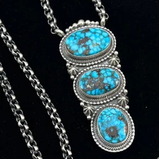 24" spiderweb Kingman turquoise Necklace 3 Sterling Silver Rolo Chain Lewis