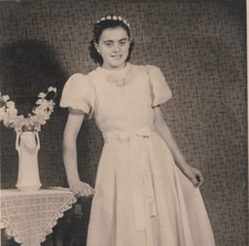 Vintage 1940s Girl Portrait Puffy Sleeve Maxi Long Dress Headband Studio Photo