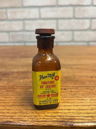 Vintage Pharm Med Tincher of Iodine Poison Bottle Skull Crossbones